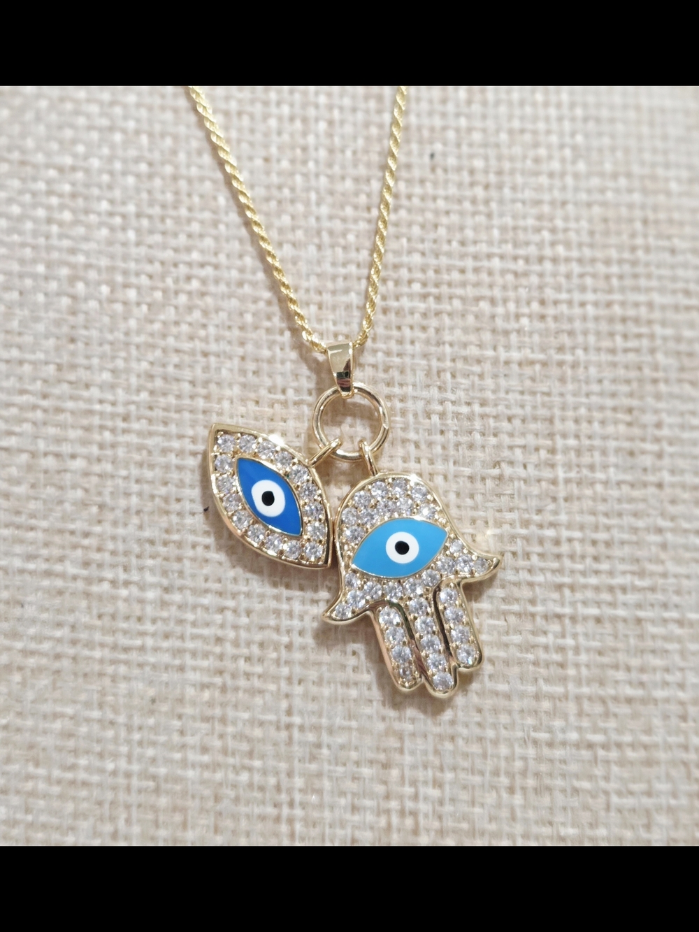 Gold Hamsa Hand and Evil Eye Pendant Necklace - Blue Accents - Picture 2 of 4